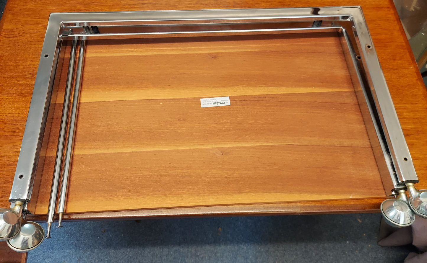 mcm Howard Miller smoke glass metal teak coffee table on wheels