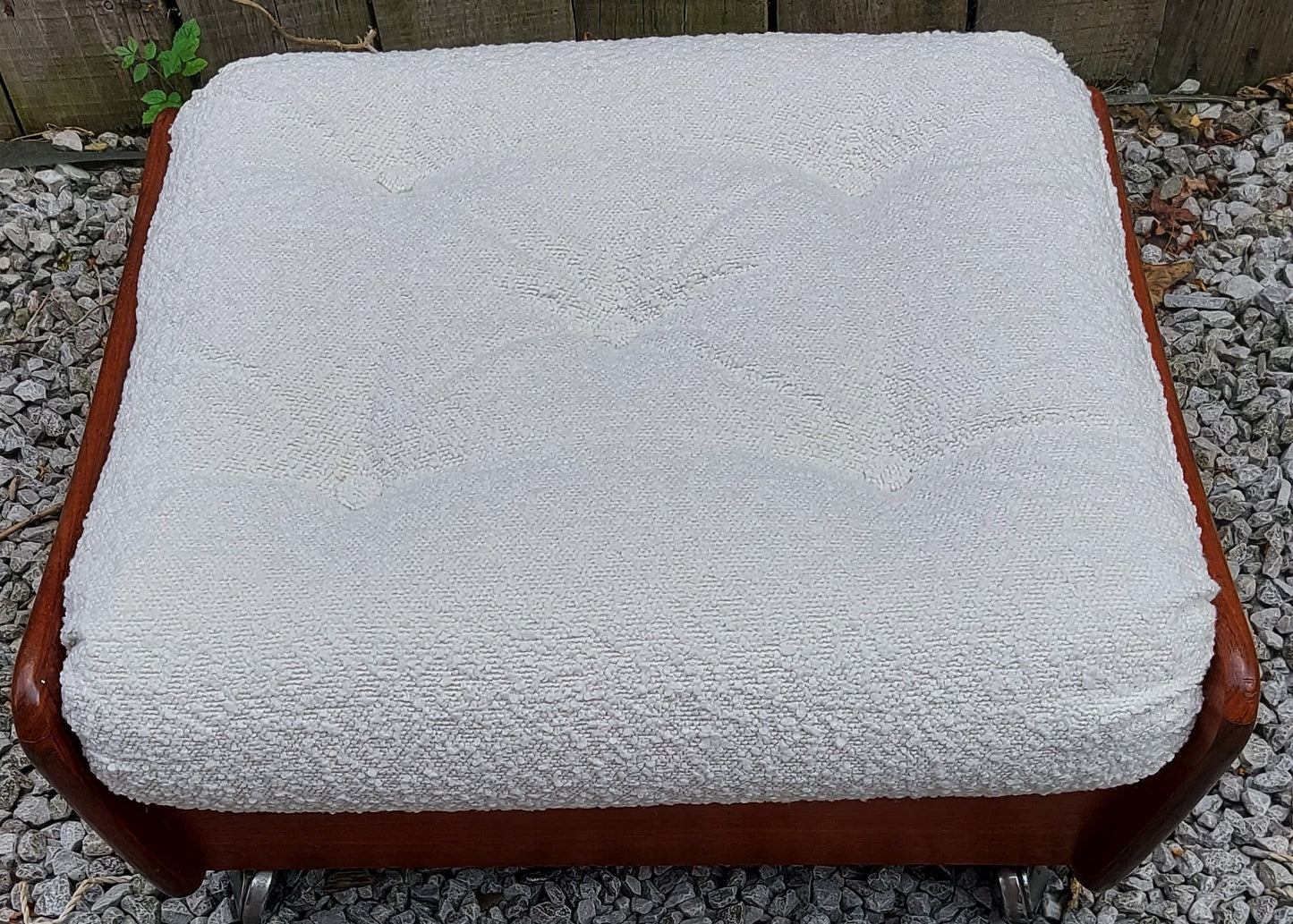 Mid Century Modern GPlan Teak Saddle Footstool ivory bouclé