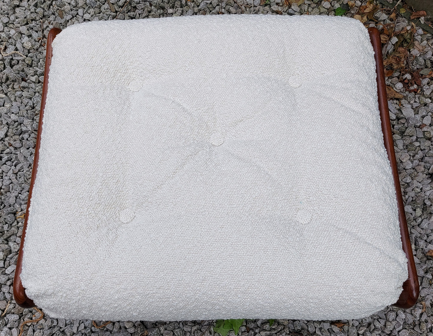 Mid Century Modern GPlan Teak Saddle Footstool ivory bouclé