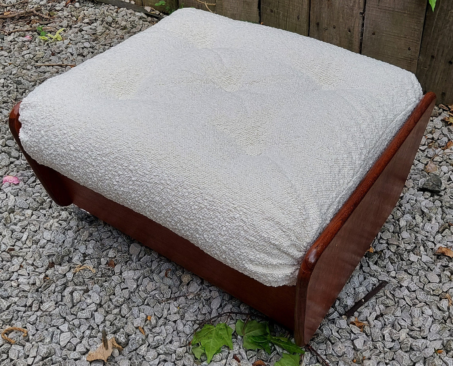 Mid Century Modern GPlan Teak Saddle Footstool ivory bouclé
