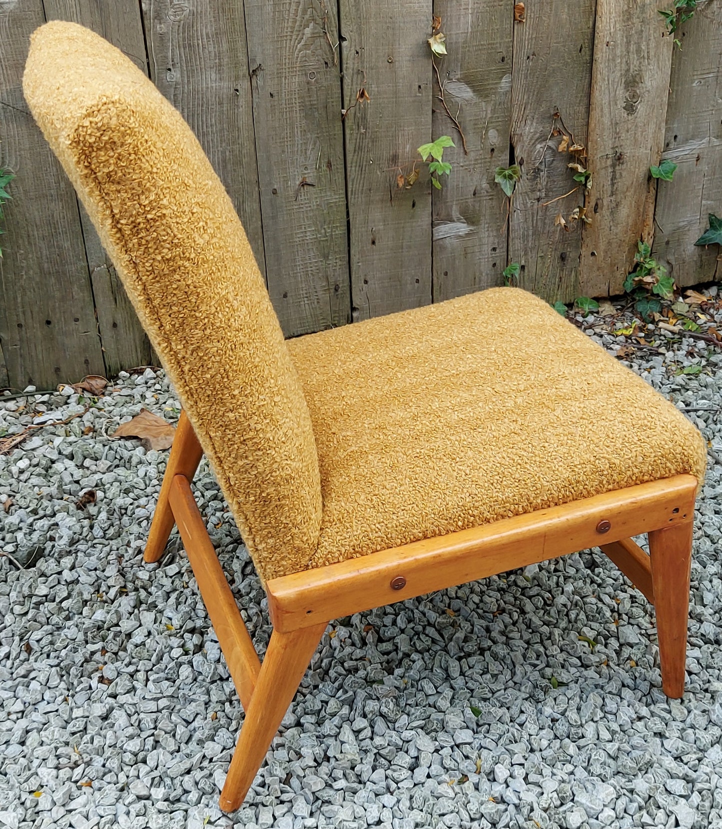 MCM ochre boucle lounge chair newly refurbished