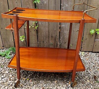 Mid Century Modern Teak Drinks Trolley Metal Handle Black