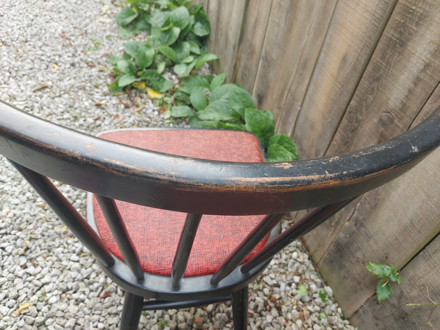 MCM 2 Black Painted Chairs Red Vinyl seat