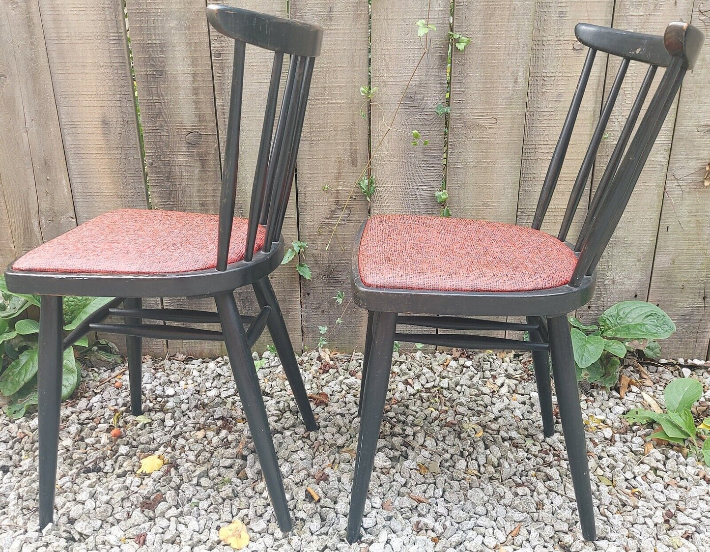 MCM 2 Black Painted Chairs Red Vinyl seat