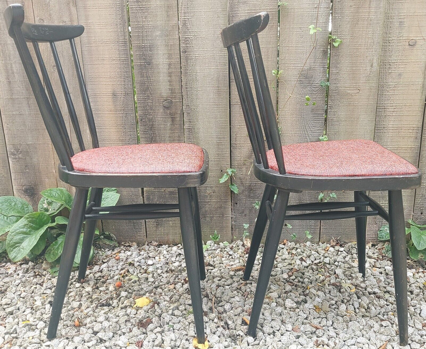 MCM 2 Black Painted Chairs Red Vinyl seat
