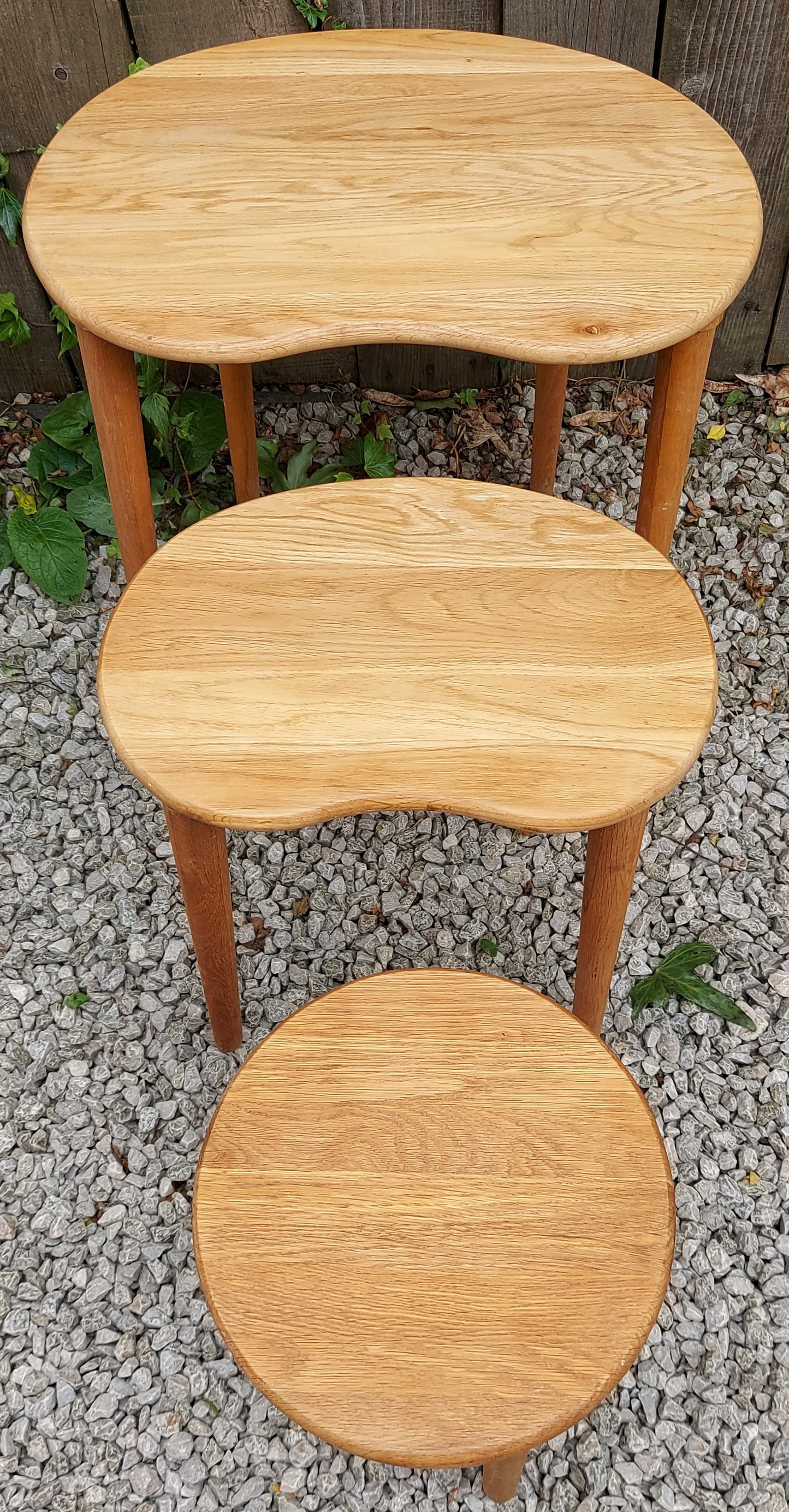 MCM kidney shaped oak nest of tables