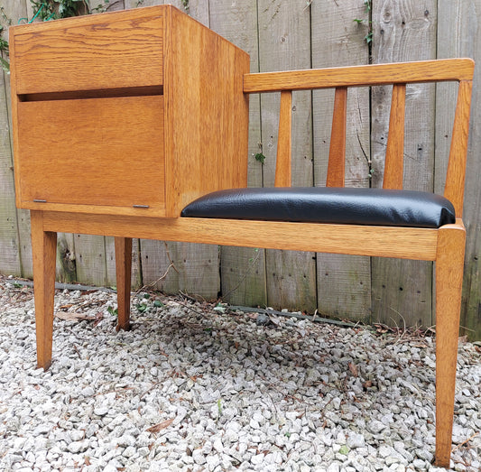 MCM Hallway Bench Seat / Telephone Table - Oak & Black Vinyl