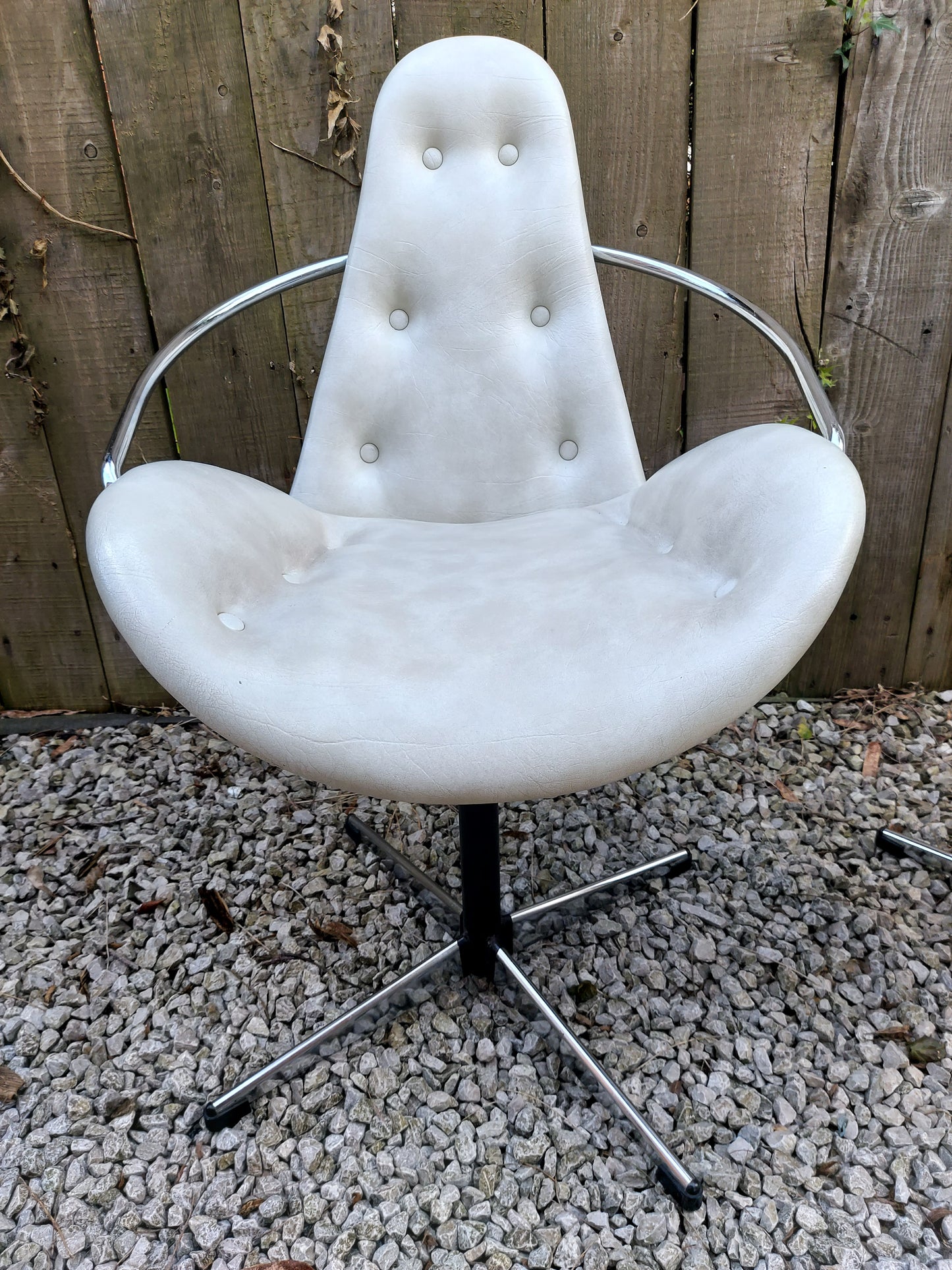 mid century modern pair atomic style cream vinyl swivel chairs