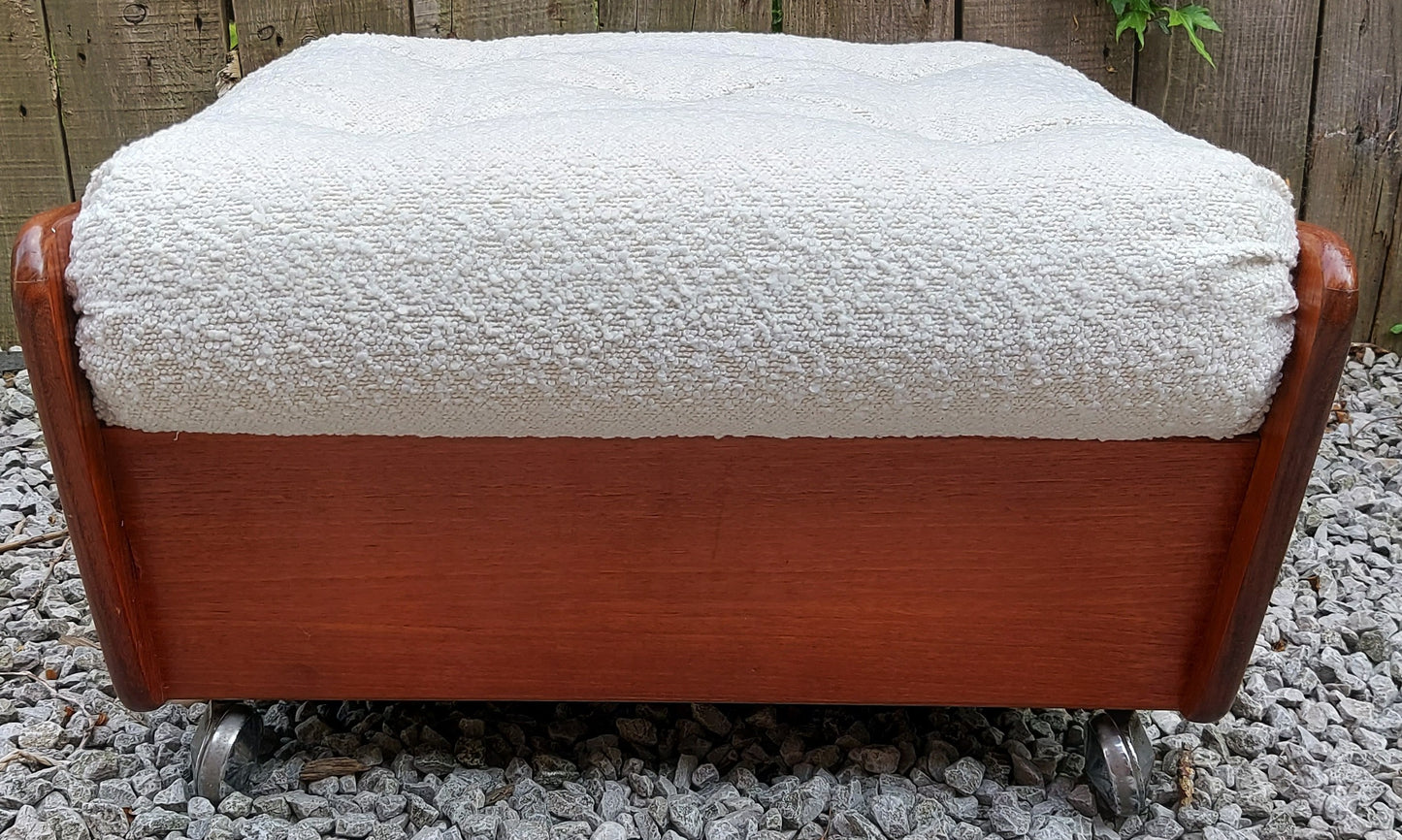 Mid Century Modern GPlan Teak Saddle Footstool ivory bouclé