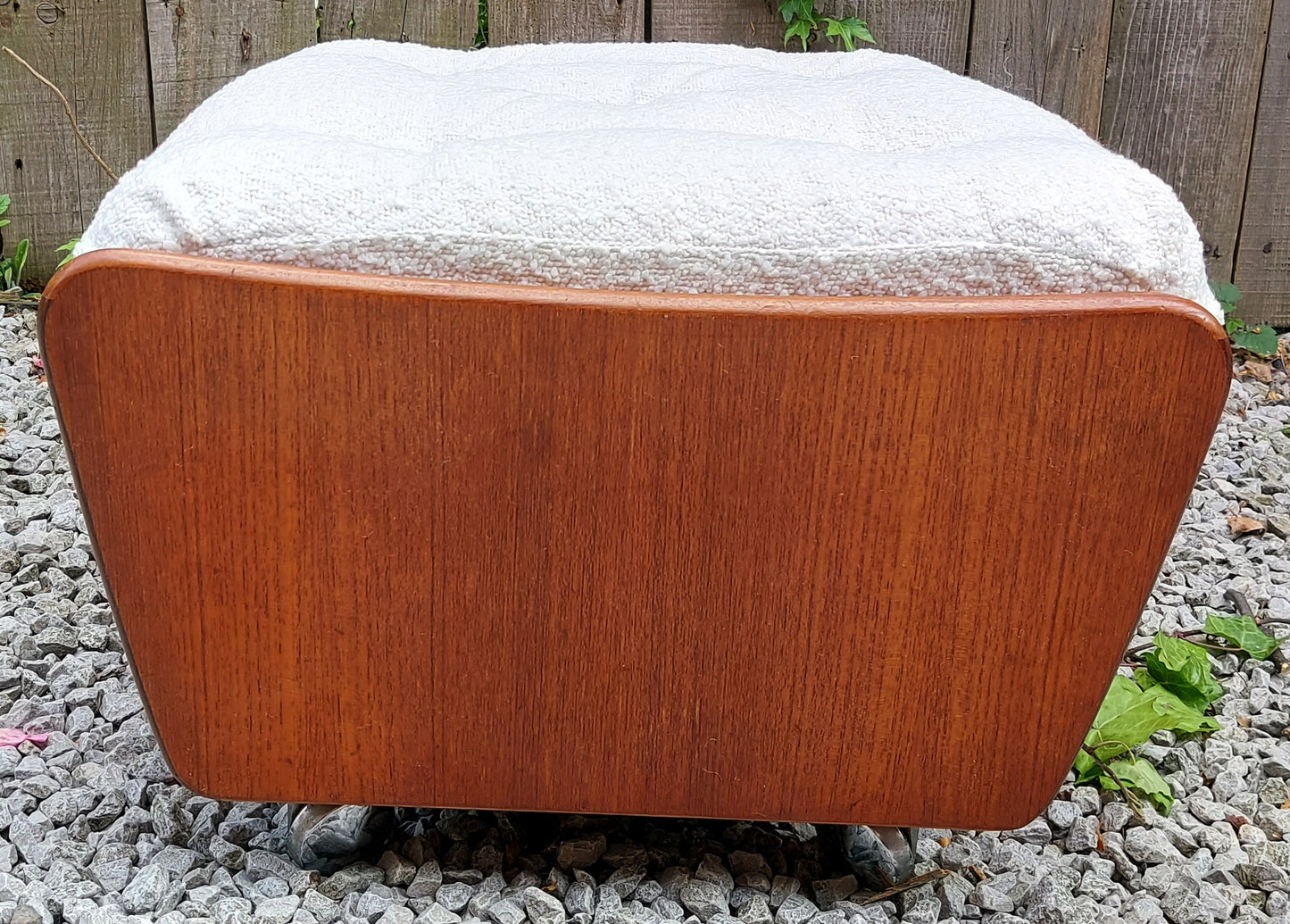 Mid Century Modern GPlan Teak Saddle Footstool ivory bouclé