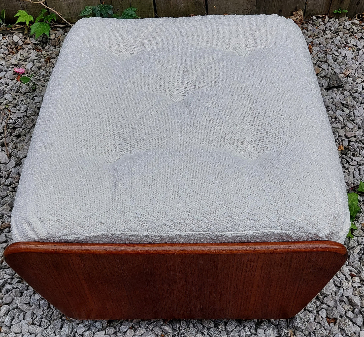 Mid Century Modern GPlan Teak Saddle Footstool ivory bouclé