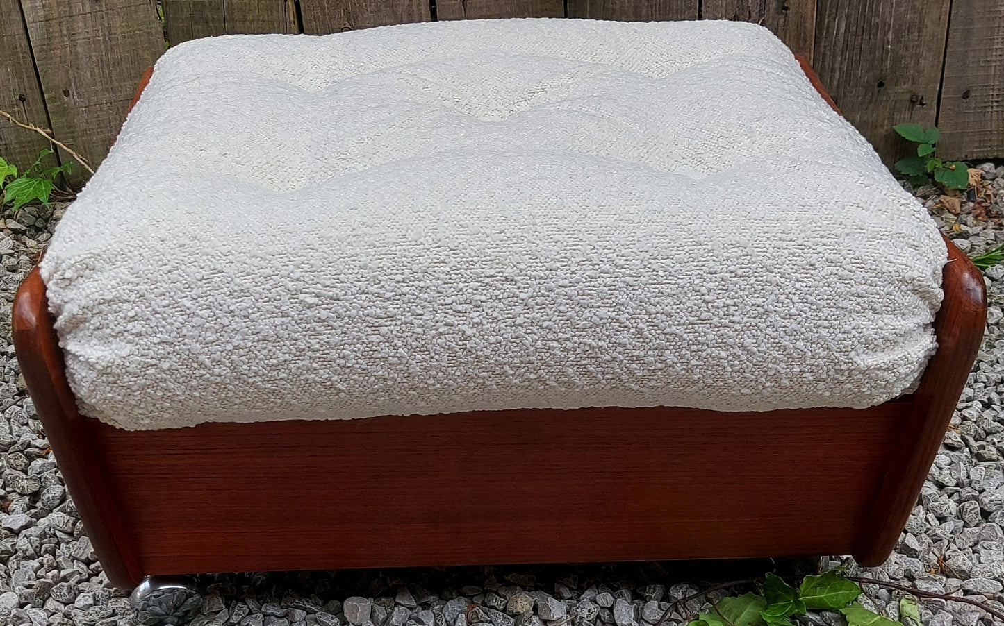 Mid Century Modern GPlan Teak Saddle Footstool ivory bouclé