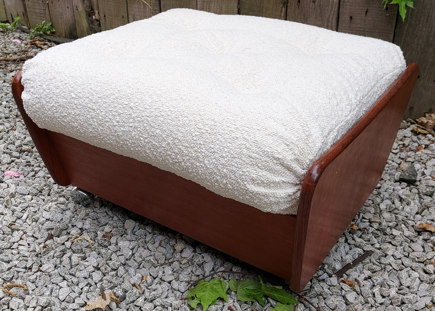 Mid Century Modern GPlan Teak Saddle Footstool ivory bouclé