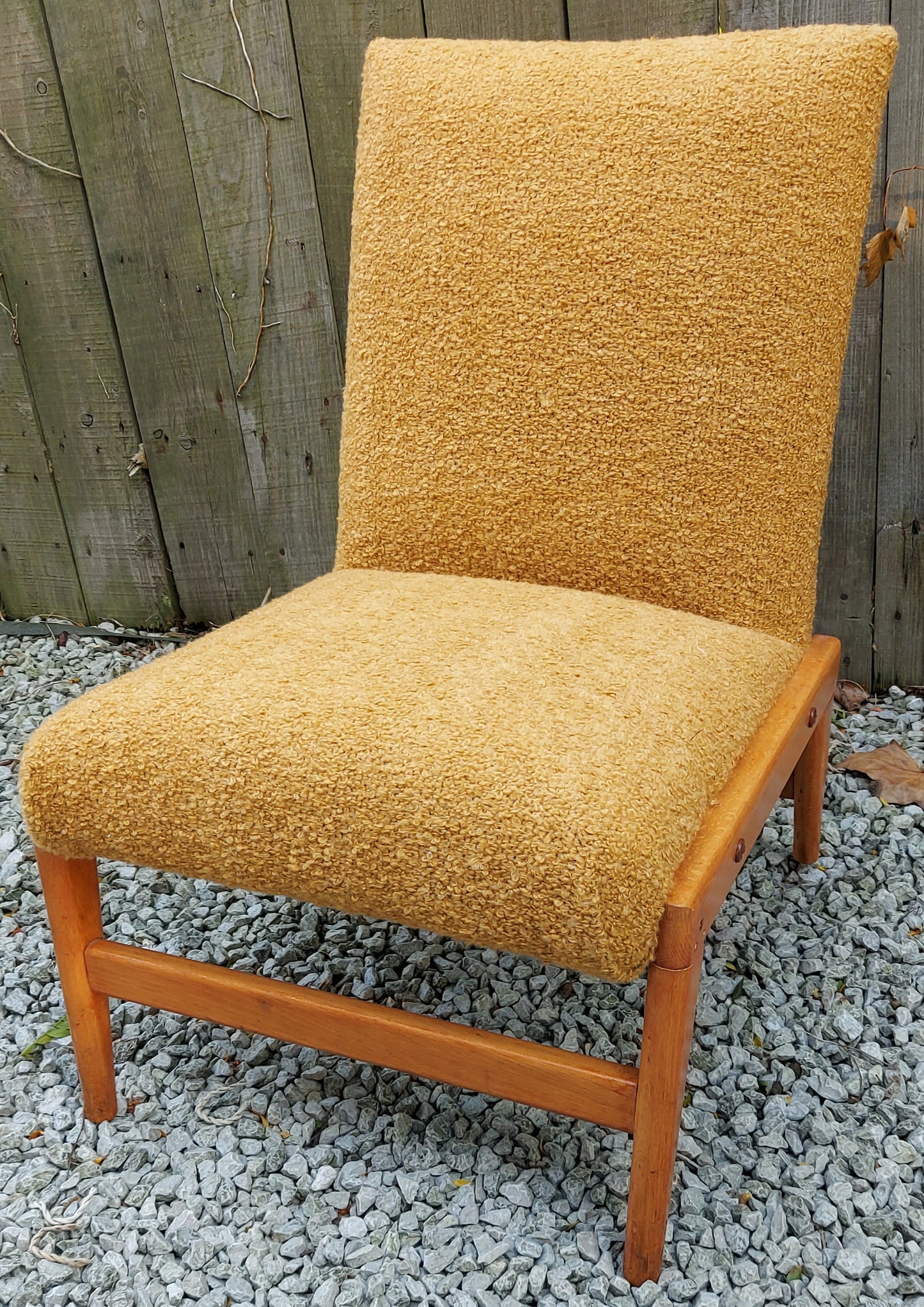 MCM ochre boucle lounge chair newly refurbished