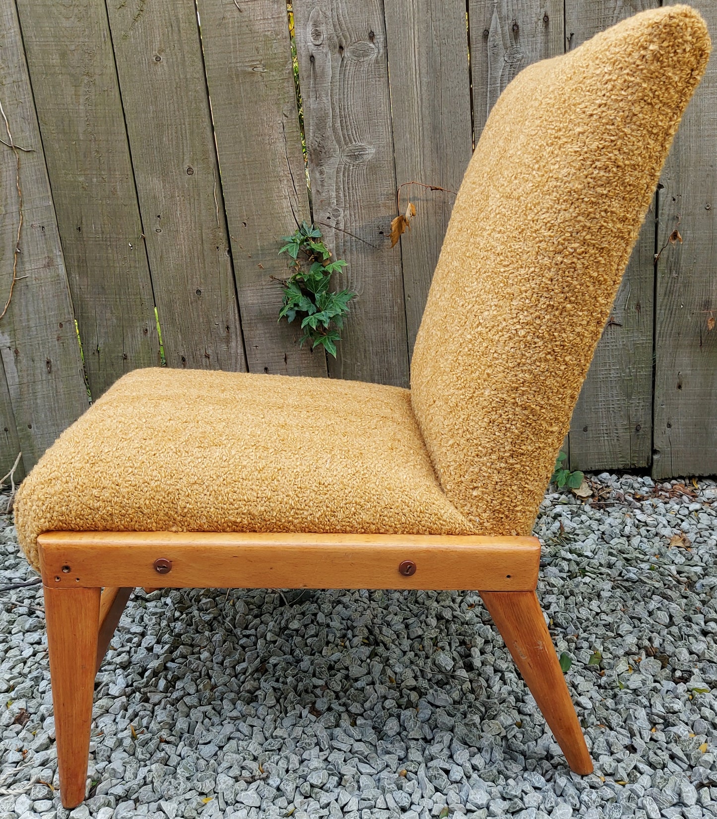 MCM ochre boucle lounge chair newly refurbished