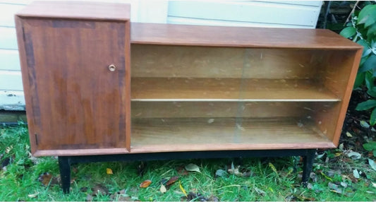 MCM Teak Glazed Display/Drinks Cabinet/Bookcase Black Legs Brass adjustable feet