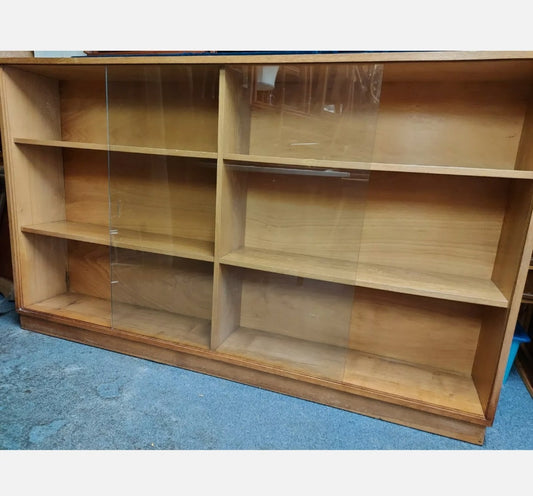 Vintage Light Oak veneer Glazed School Bookcase Fixed Shelves 6ft Long