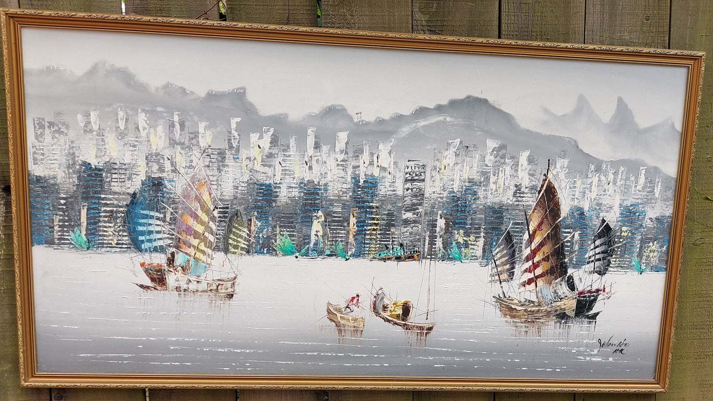 Mid Century Modern Large Oil/print on Board painting John Ho Hong Kong Harbour