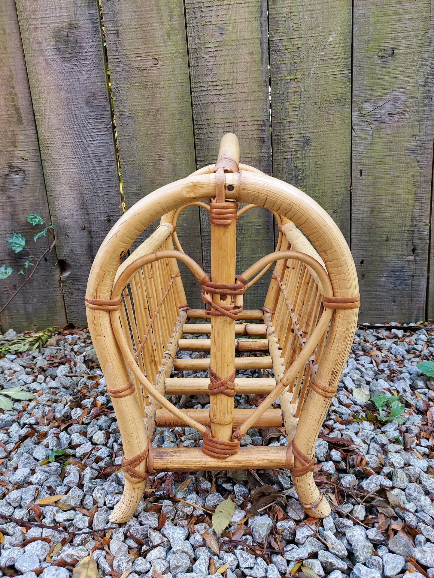 Vintage Mid Century Bamboo Wicker Cane Magazine Rack Tiki Boho Heart shape