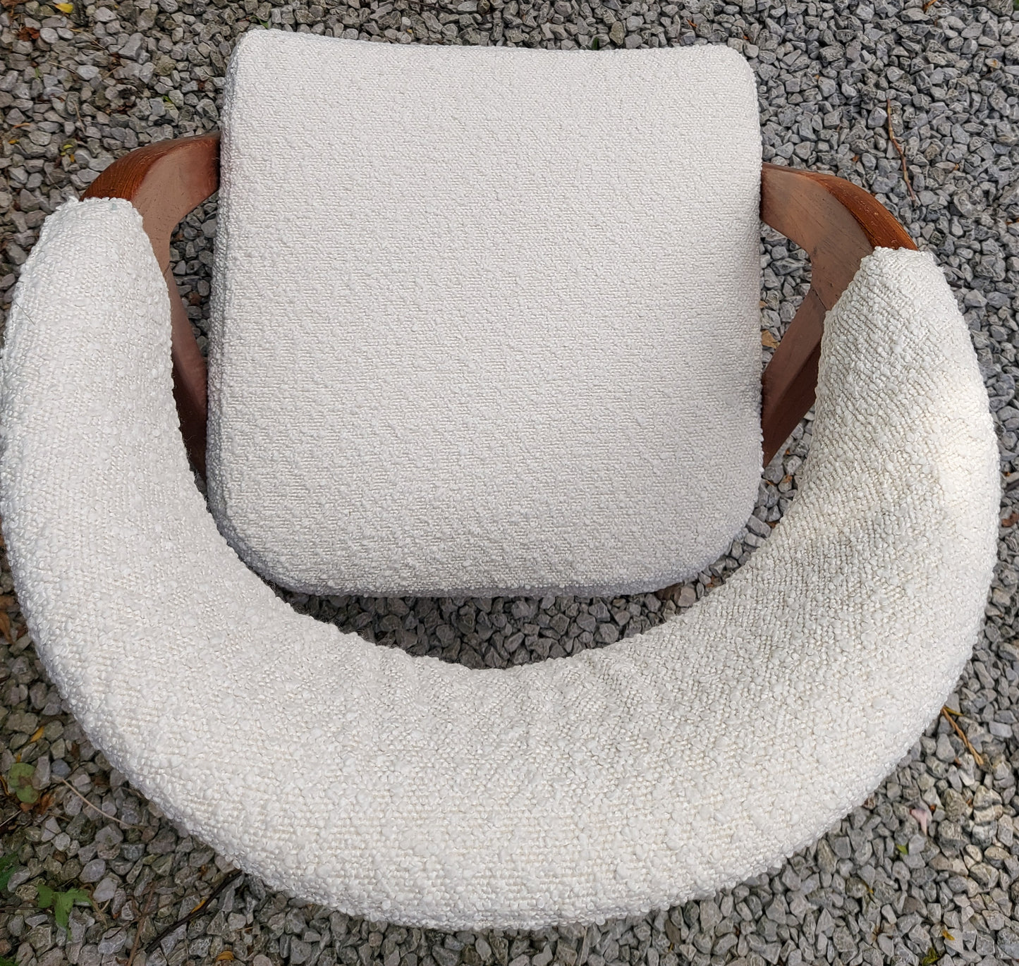 Mid century modern newly upholstered ivory boucle scissor leg chair