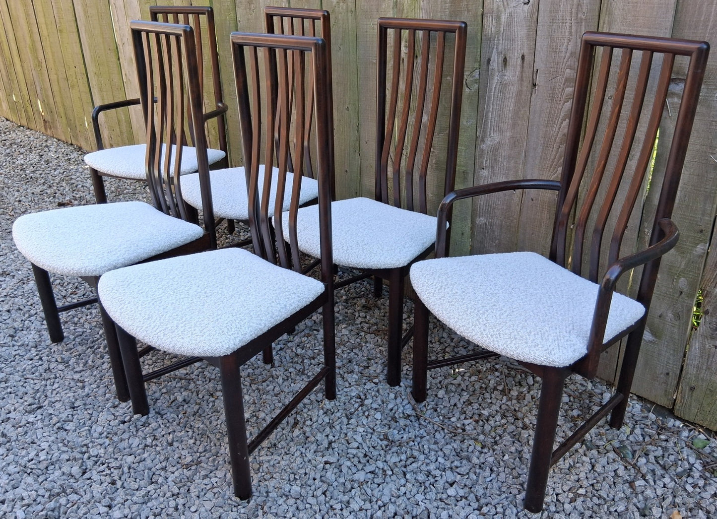 Mid Century Modern Danish Dining Chairs by Boltinge incl 2 carvers Ivory Boucle