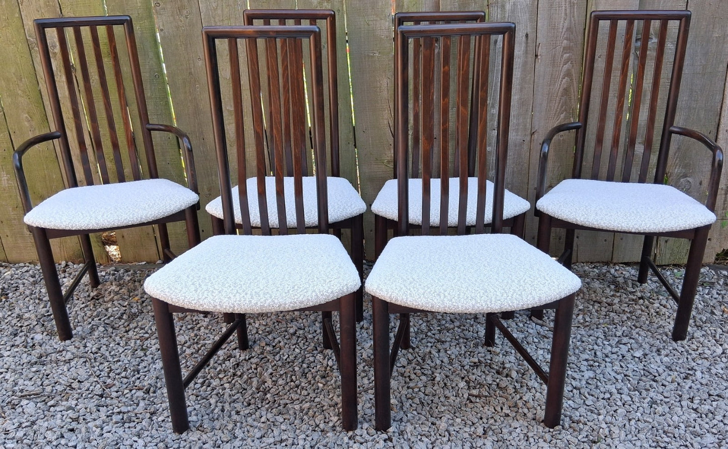 Mid Century Modern Danish Dining Chairs by Boltinge incl 2 carvers Ivory Boucle