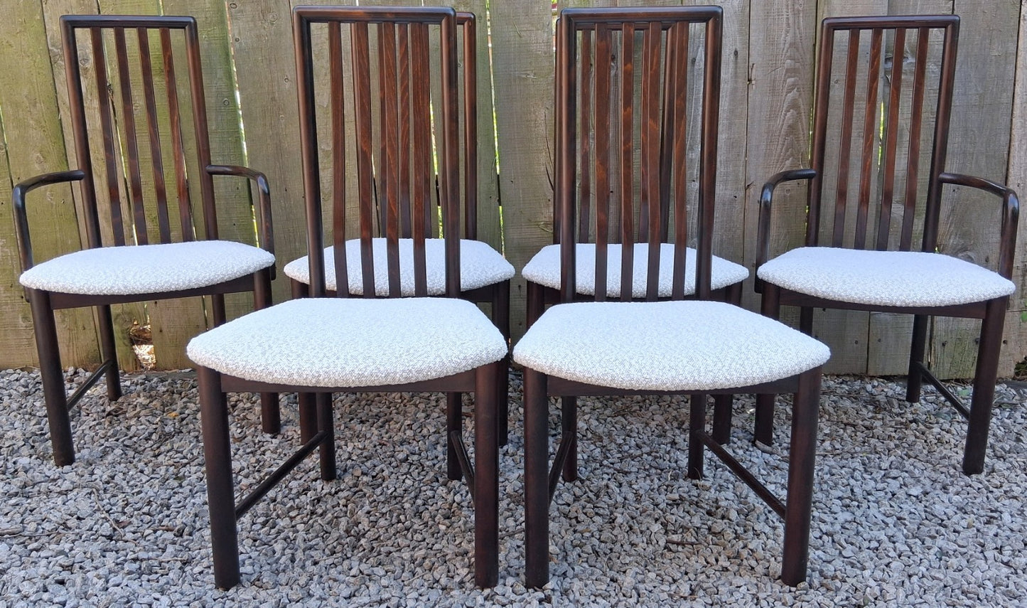Mid Century Modern Danish Dining Chairs by Boltinge incl 2 carvers Ivory Boucle