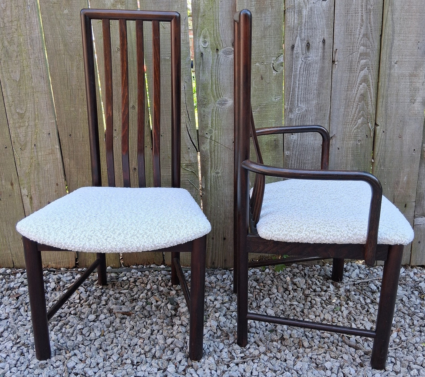 Mid Century Modern Danish Dining Chairs by Boltinge incl 2 carvers Ivory Boucle