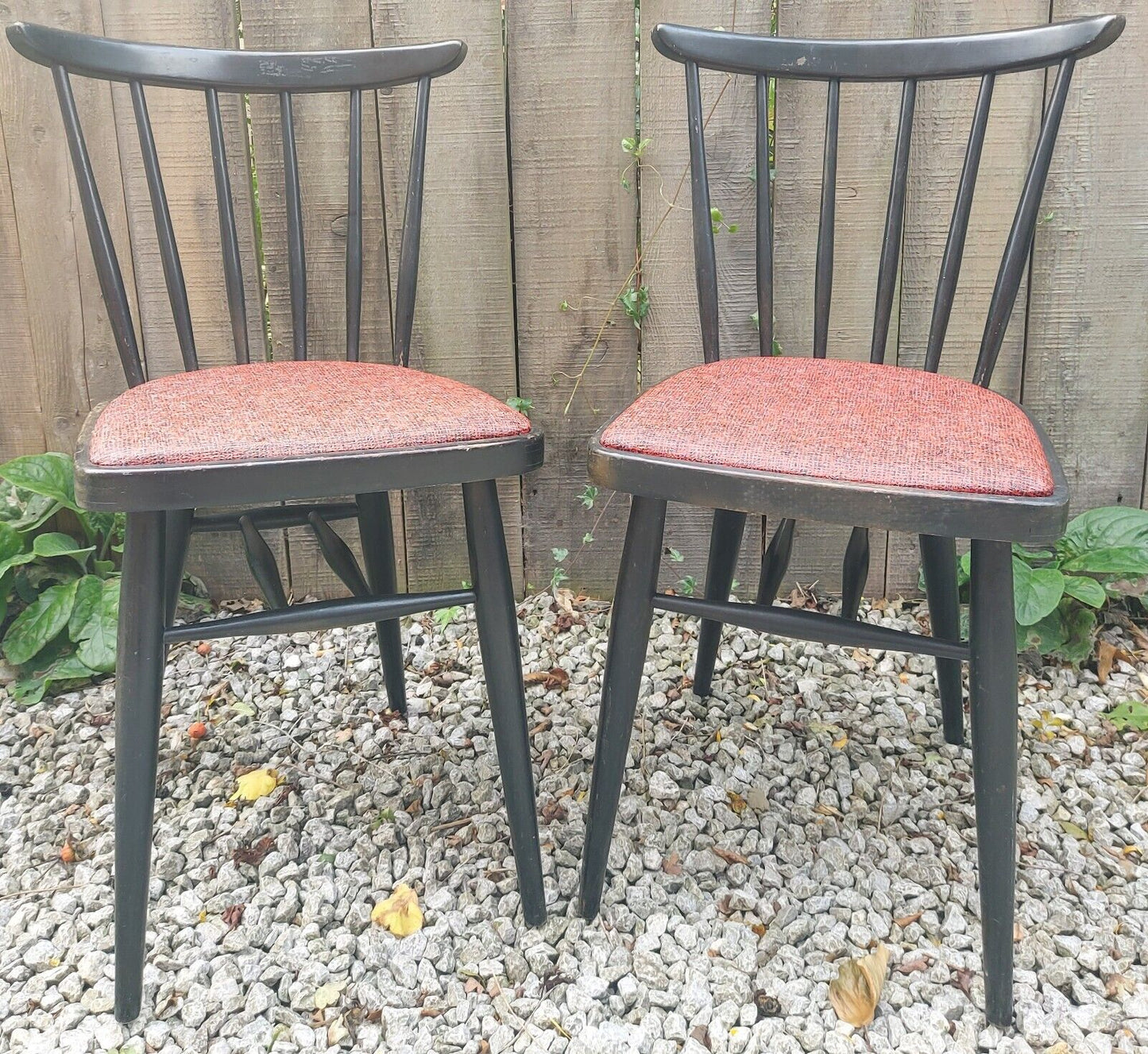 MCM 2 Black Painted Chairs Red Vinyl seat