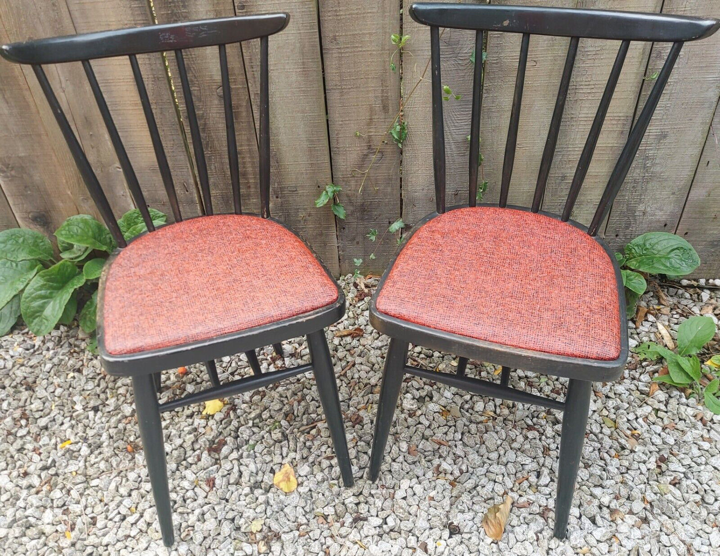 MCM 2 Black Painted Chairs Red Vinyl seat