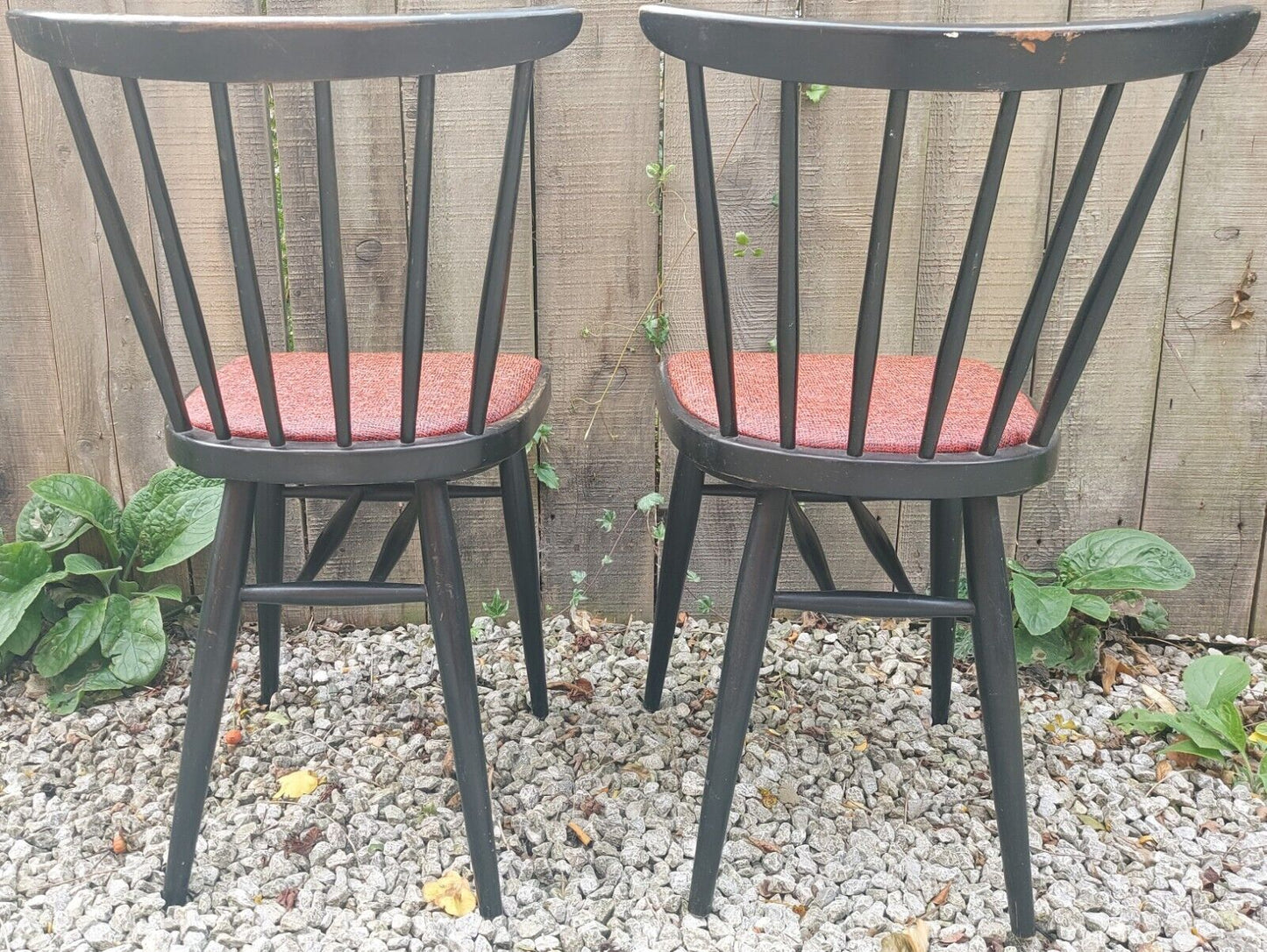 MCM 2 Black Painted Chairs Red Vinyl seat